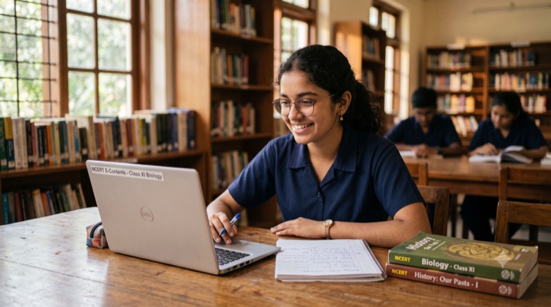 A learner studying with her laptop and notes in a college library
