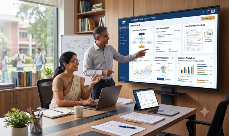 Faculty members reviewing a cohort analytics dashboard together in a campus office
